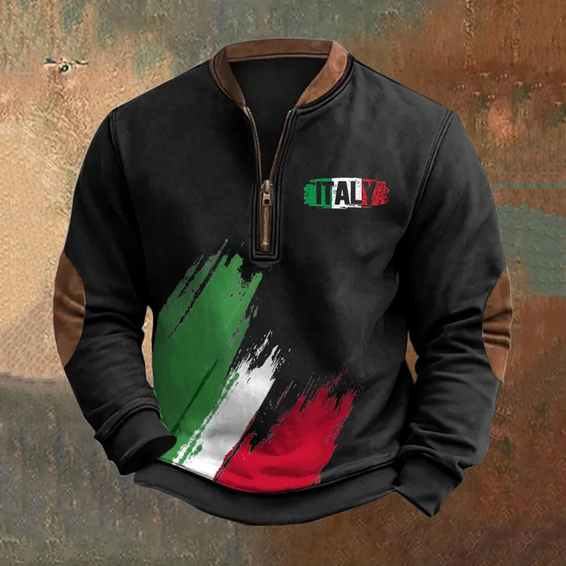 Felpa casual con cerniera stampata vintage Italia da uomo