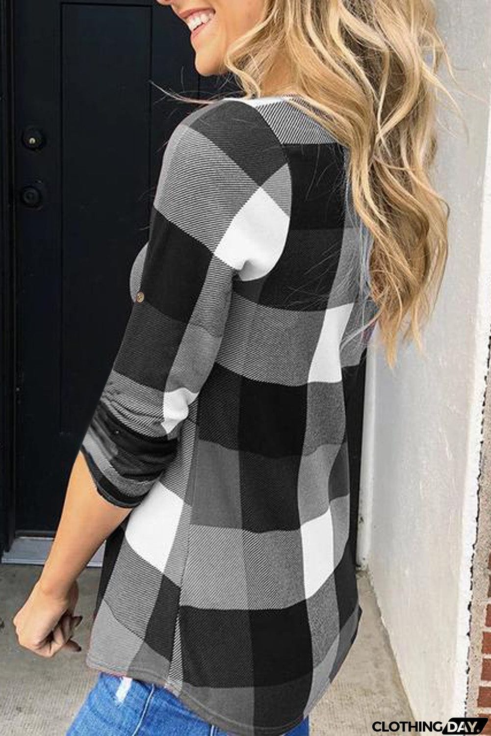 Contrast Plaid V Neck Long Sleeve Top