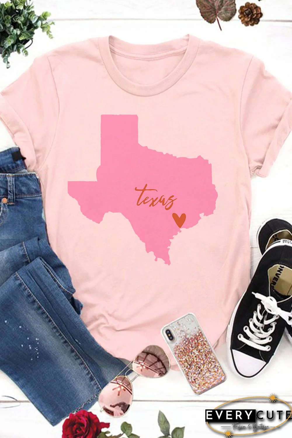 Pink Texas Map Graphic Print Crew Neck T Shirt