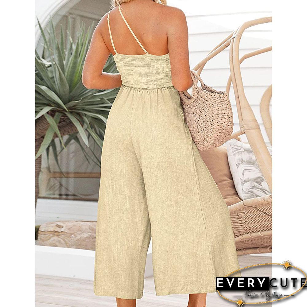 Off White One-shoulder Pocketed Wide Leg Jumpsuit