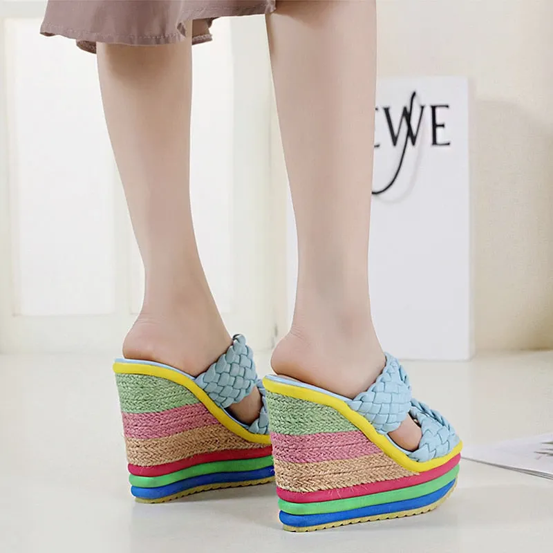 2021 Summer New Platform Wedge Sandals For Women's With Rainbow Color Weave Fish Mouth High Heels