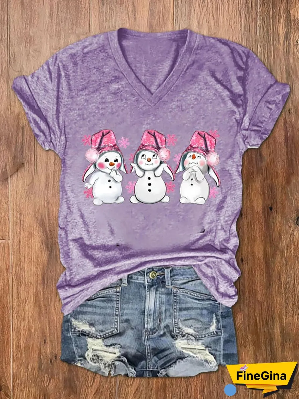 Women's Pink Christmas Snowman Print V-Neck T-Shirt