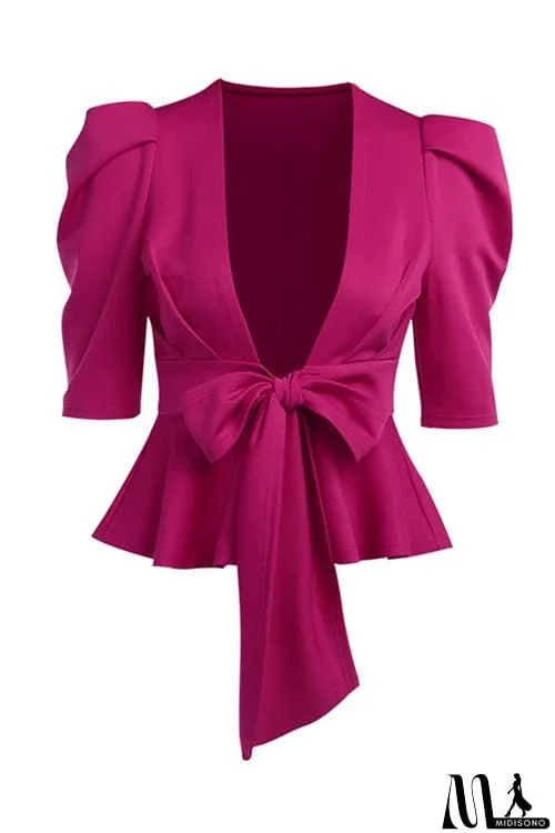 MidiSono - V Neck Bow Tie Half Sleeve Top