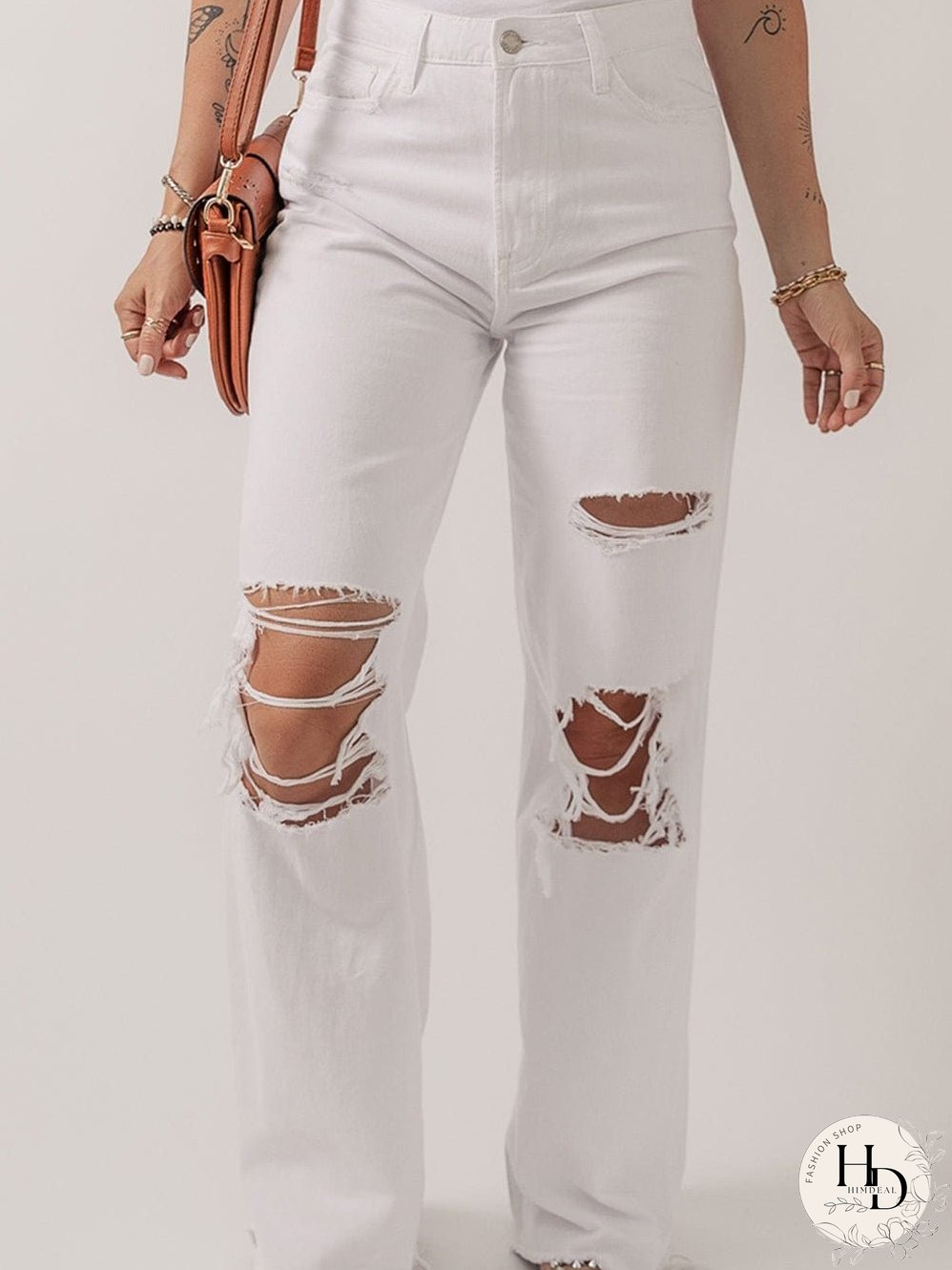 White Distressed Straight Leg Denim Jeans