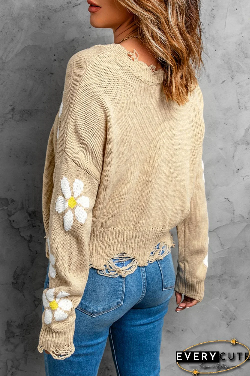 Khaki Daisy Pattern Knit Distressed Sweater