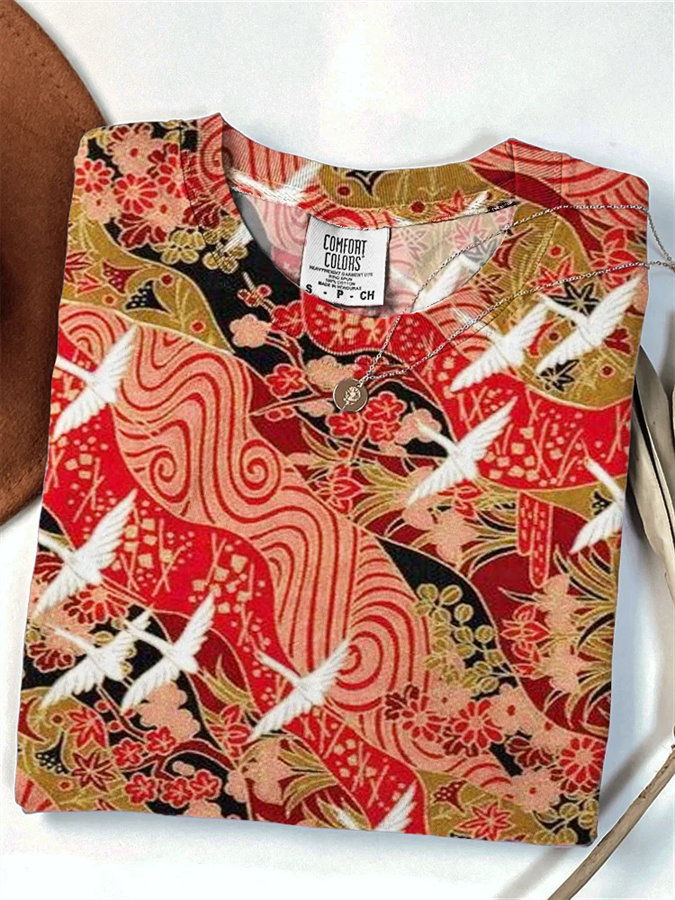Cranes Floral Japanese Traditional Pattern Comfy T Shirt