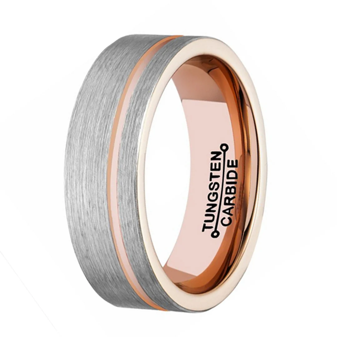 8MM Mens Two Tones Tungsten Carbide Rings Brushed Surface With Rose Gold Thin Groove