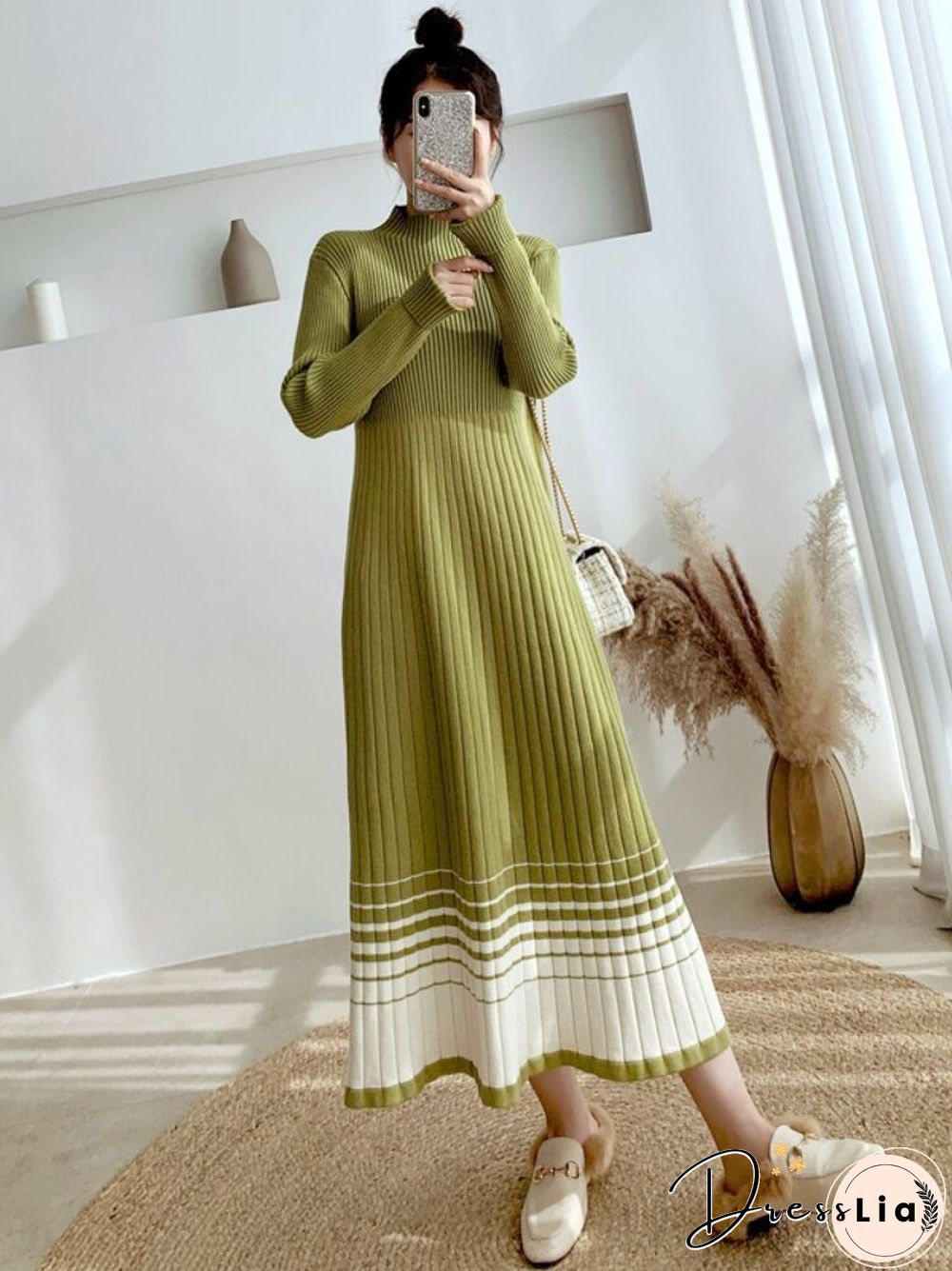 Autumn Winter New Women's Striped Knitting Pullover Dress Women's High Waist Loose Korean Fashion Long Sleeve Knitting Dress Top