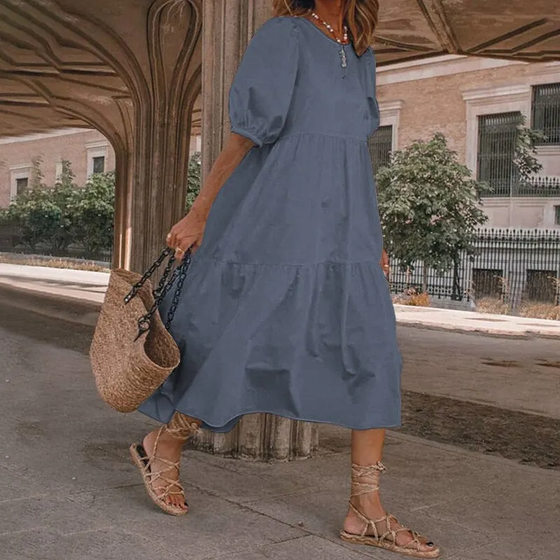 VONDA Women Summer Midi Dress Ladies Sexy Lantern Sleeve Beach Sundress 2022 Fashion Ruffled Casual Solid Bohemian Vestidos Robe