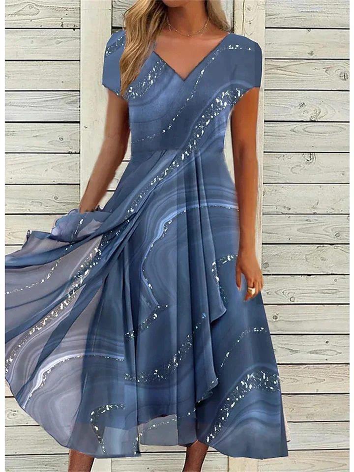Loose A-line Short-sleeved Printed Dress Round Neck Fashion Long Dress Blue White-JRSEE