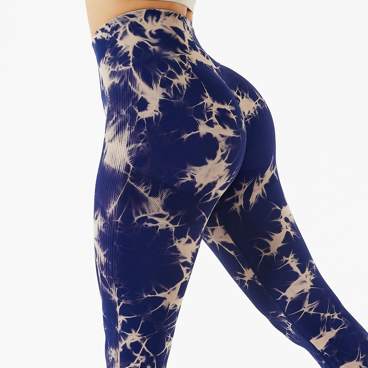 Blue Hergymclothing high waist side stripes back contour scrunch butt lifting sweat-wicking tie-dyed nylon tight seamless workout leggings for sale