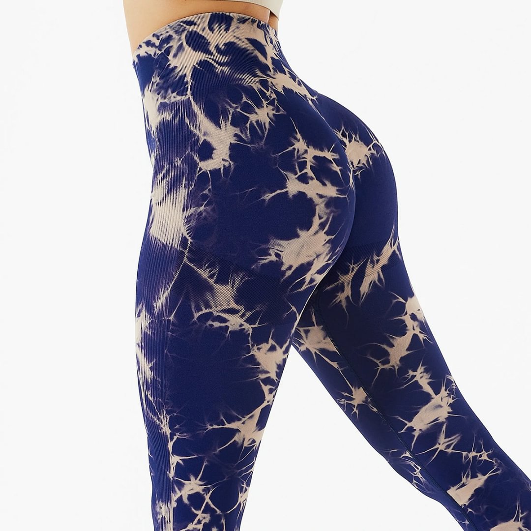 Blue Hergymclothing high waist side stripes back contour scrunch butt lifting sweat-wicking tie-dyed nylon tight seamless workout leggings for sale