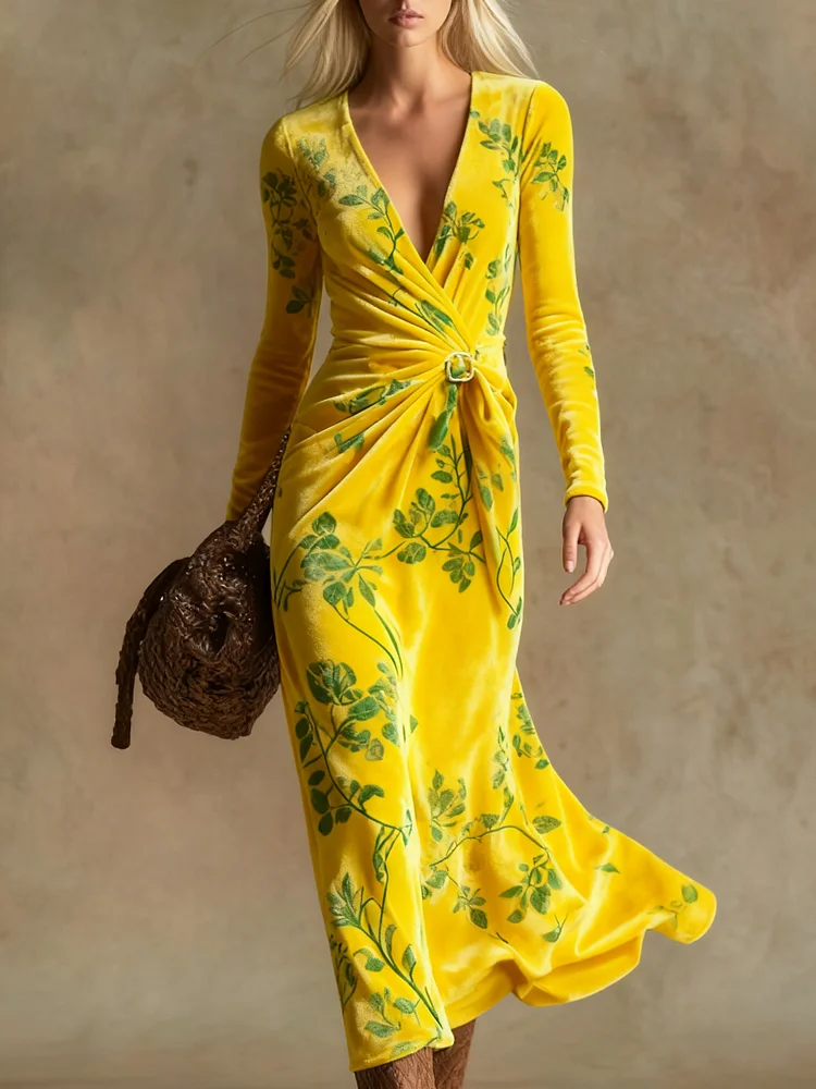 Elegant vintage print V-neck velvet maxi dress