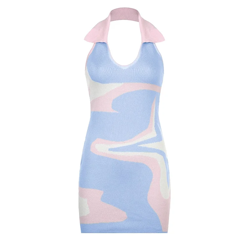 BIIKPIIK Casual Style Dress Women Summer Printing Knitted Dress Sexy Low Cut Neck-mounted Sleeveless Party Vintage Mini Dresses
