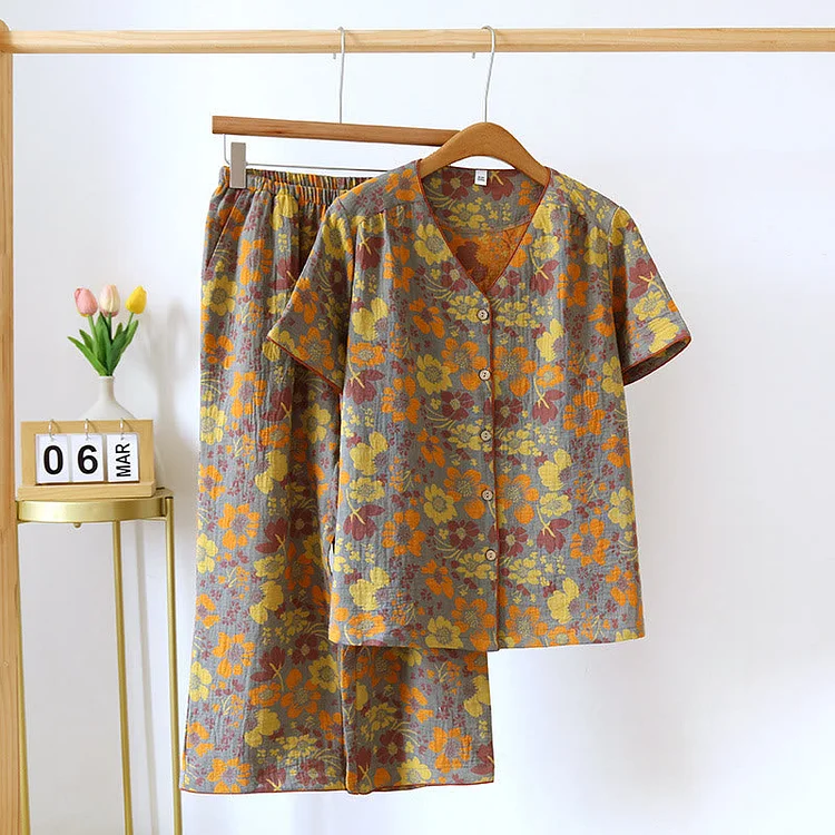 Showy Flower Jacquard V-neck Cotton Loungewear Radinnoo.com