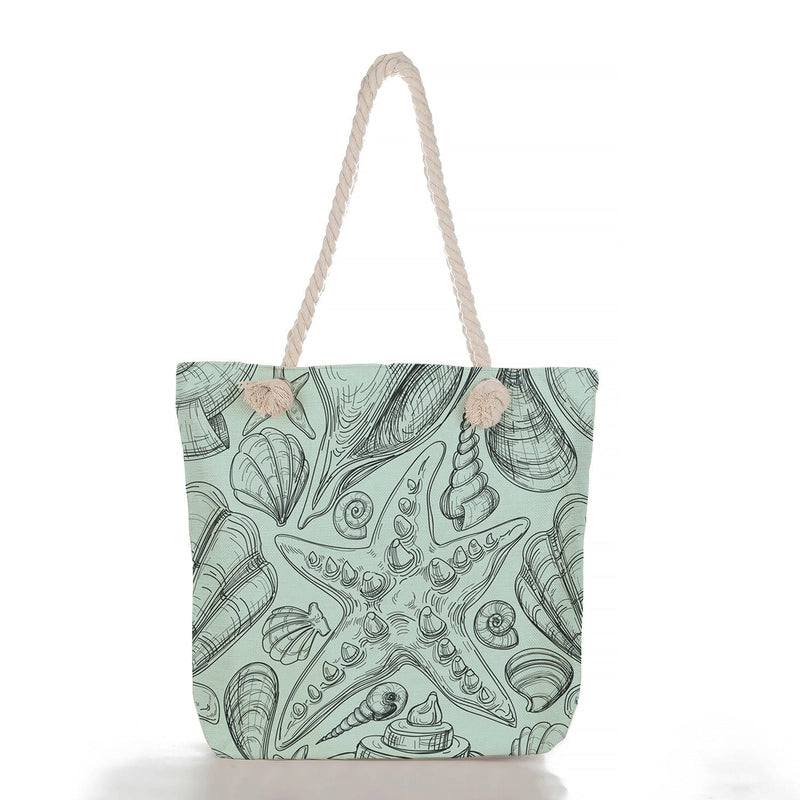 Women’s Medium Linen Starfish Beach Shell Beach Classic Style Square Zipper Tote Bag Beach Bag