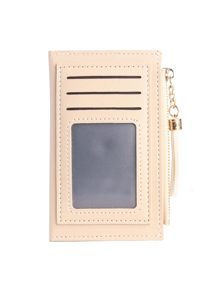 PU Solid Wallet Card Holder Bag Women Tassel Multi-slot Mini Purse (Khaki)