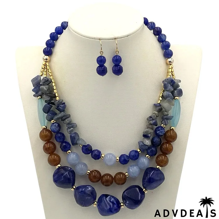 Women Fashion Exaggerated Color Beaded Multi-Layer Necklace Earrings Set