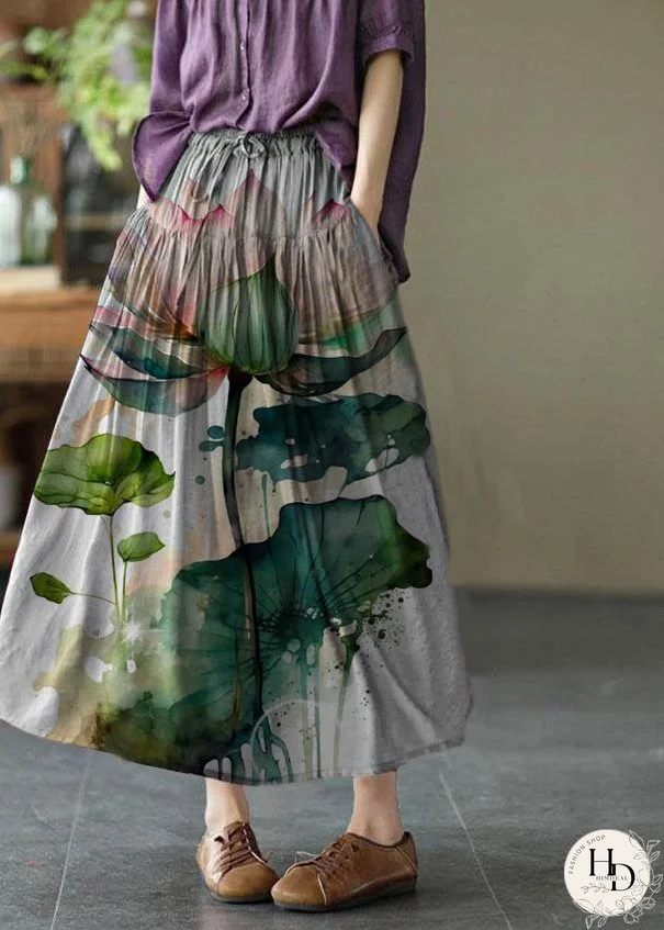 Vintage White Flowers Elegant Patchwork Tie Waist Summer Skirt Linen