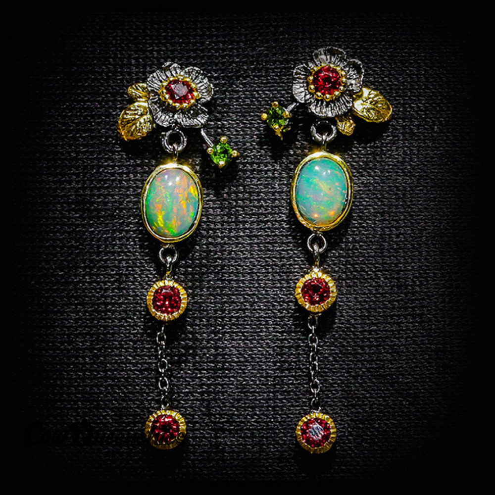 Boho Earrings With Opal And Red Zirconia