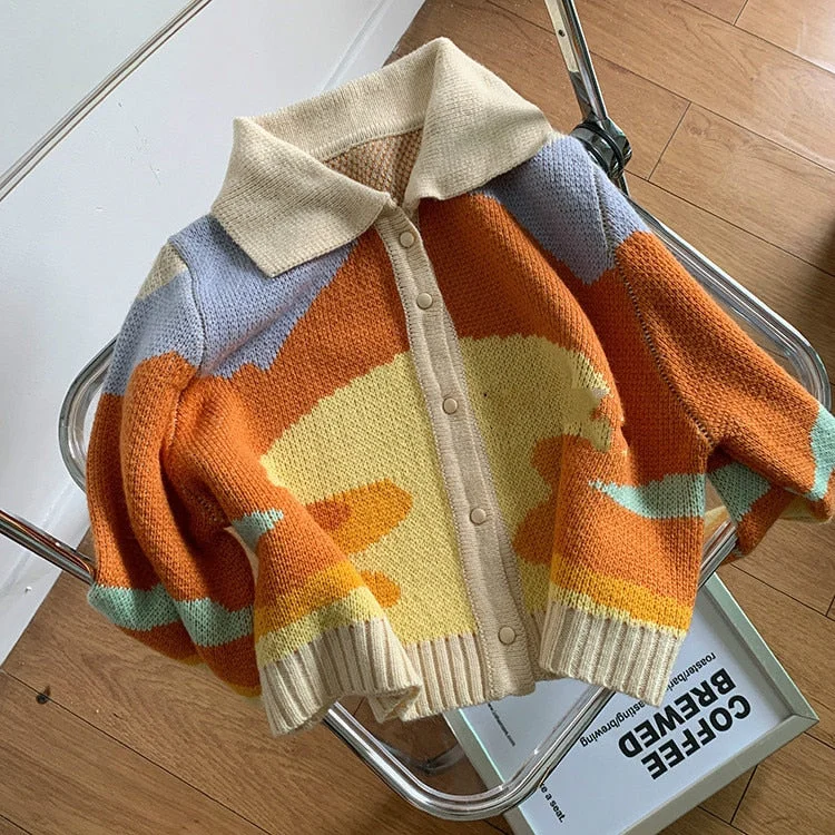 Women Autumn Vintage French Style Sunshine Print Short Knitted Sweater Chic Lady Fashion Single Breasted Loose Cardigans Femme