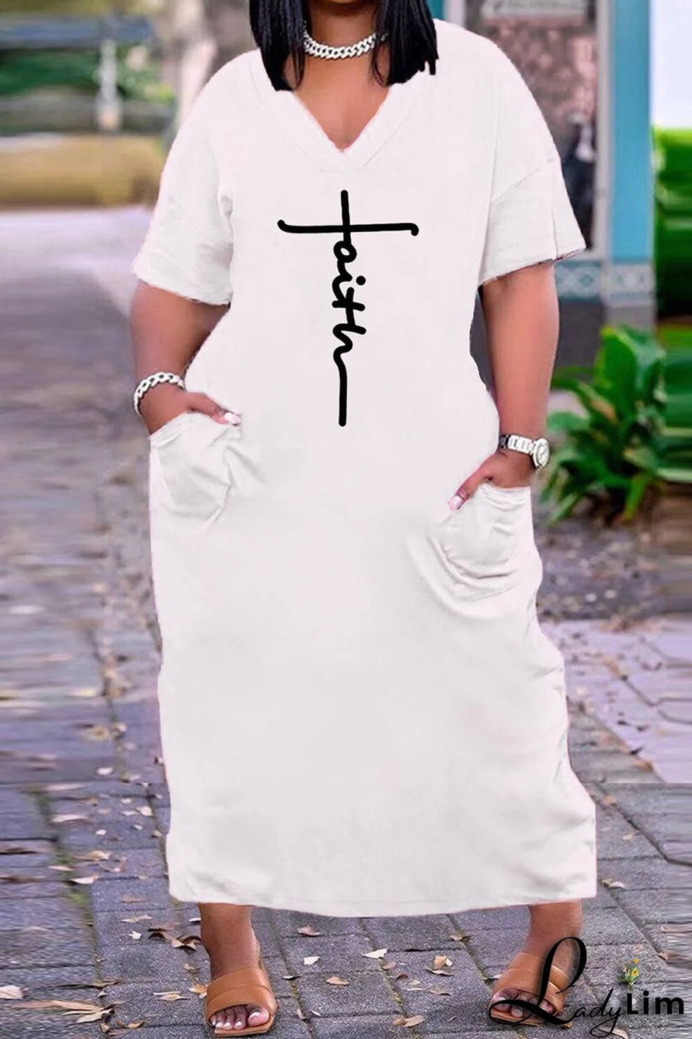 Black White Fashion Casual Plus Size Print Basic V Neck Short Sleeve Dress