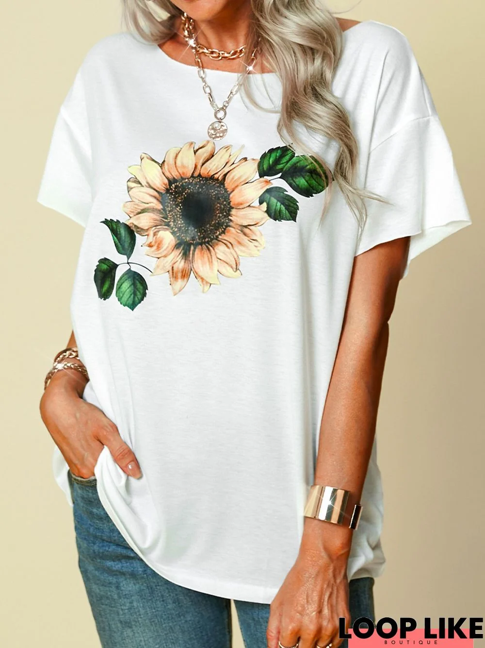 Floral Short Sleeve Shift Crew Neck T-shirt