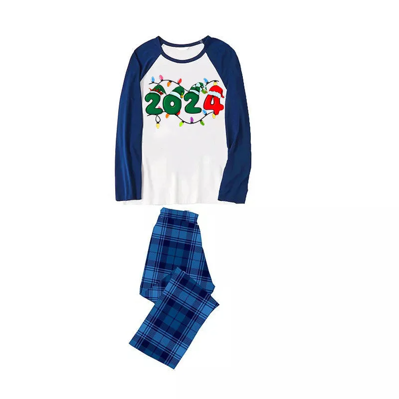 Christmas "2024" Letter Print Blue & Black Plaid Family Matching White Pajamas With Dog
