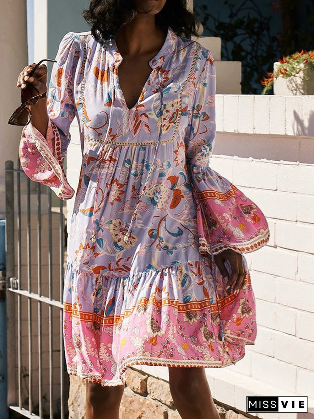 Women Long Sleeve V-neck Floral Printed Dress