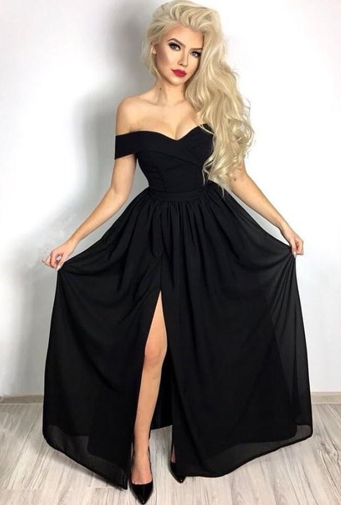 Luluslly Black Off-the-Shoulder Prom Dress Long Split Party Gowns