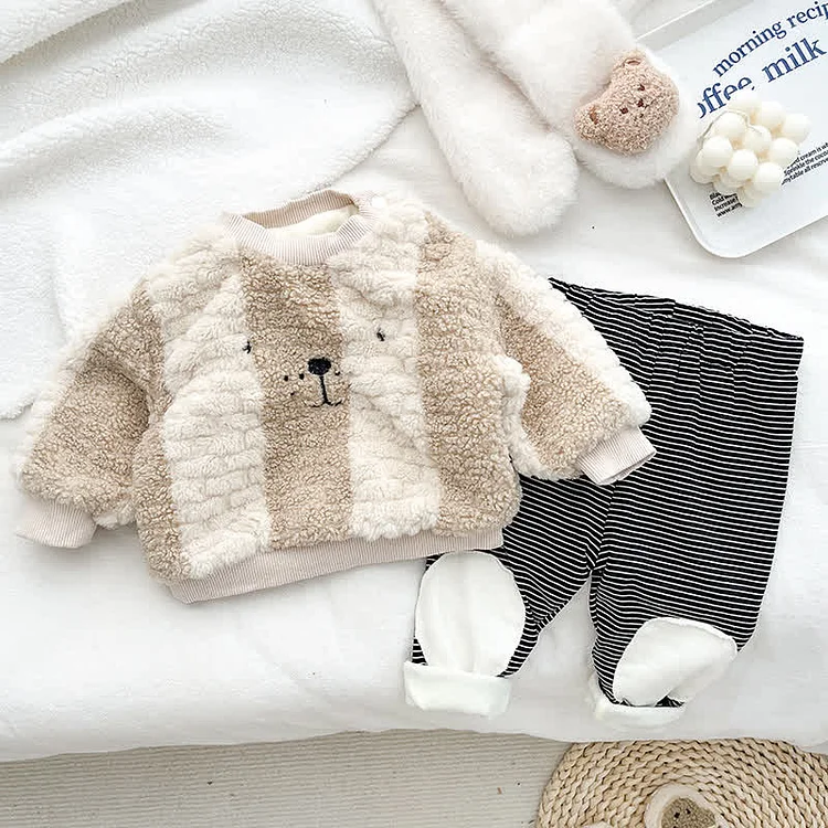 Baby Bear Fleece Sweatshirt and Striped Leggings Set
