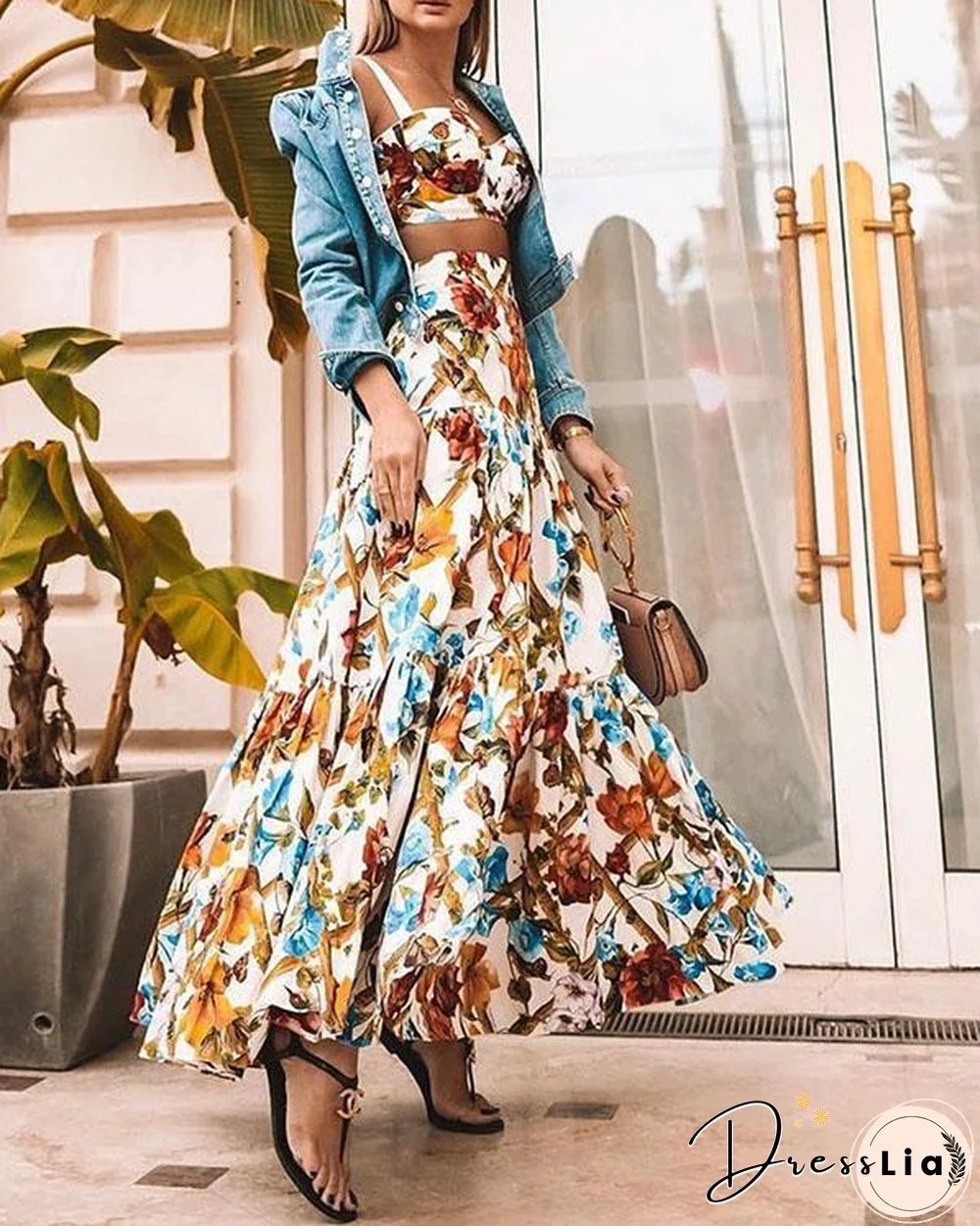 Sexy Off Shoulder Midriff-Baring Floral Printed Beach Maxi Dress