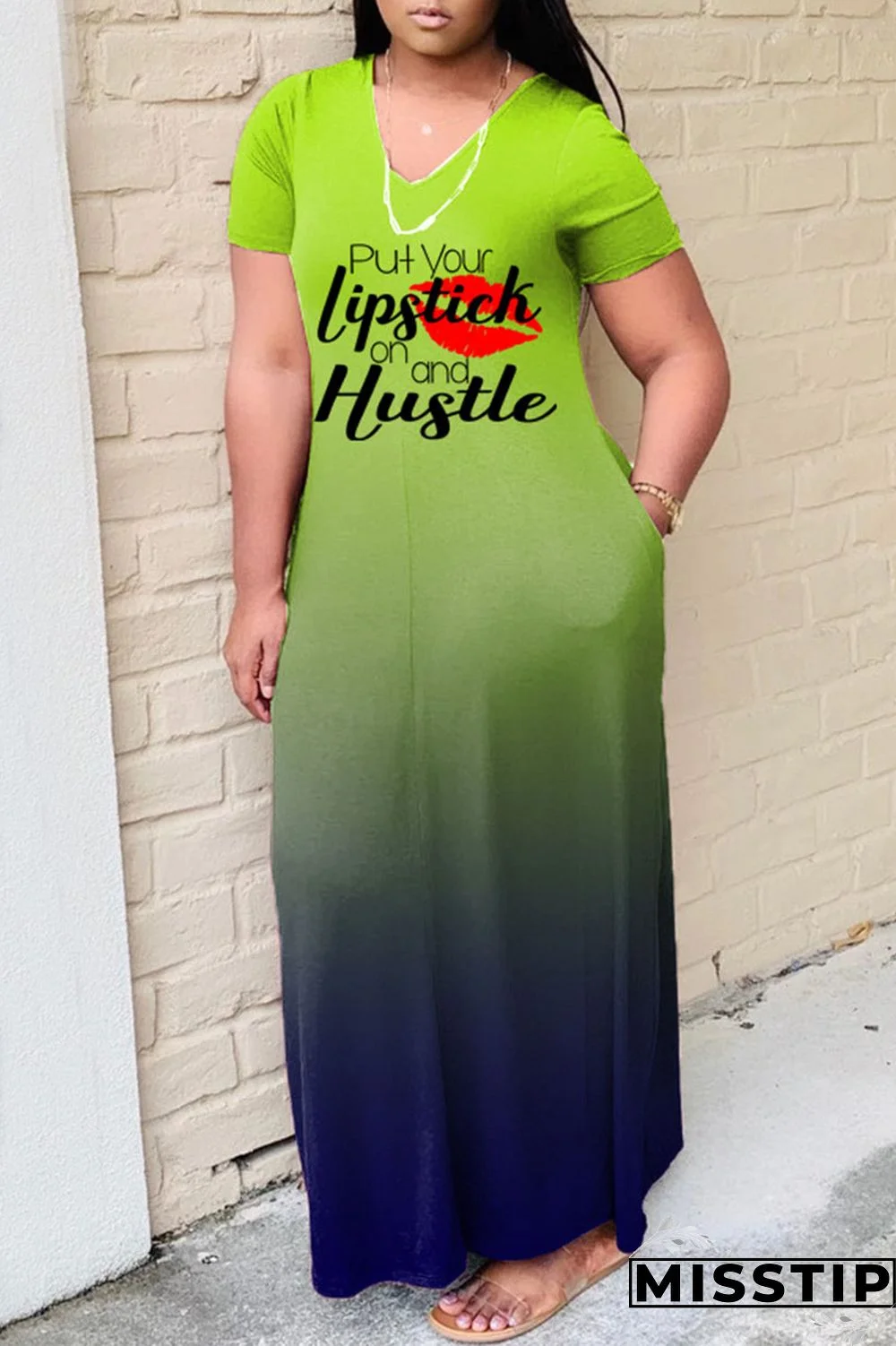 Green Fashion Casual Gradual Change Letter Print Basic V Neck Short Sleeve Dress