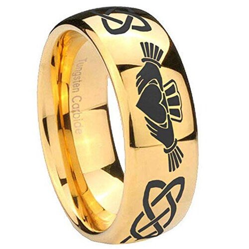 Men's or Women's Irish Claddagh Tungsten Carbide Embrace Love Heart Wedding Band Rings, Gold and Black Tungsten Laser Etched Celtic Kno with Heart in Hands Ring With Mens And Womens For 4MM 6MM 8MM 10MM