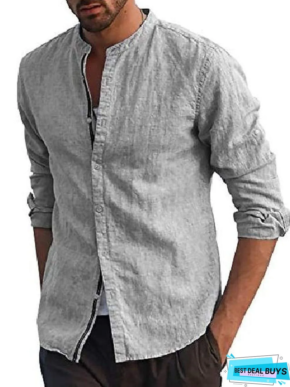 Men's Long Sleeve Shirts Button Down Mandarin Collar Casual Regular Fit Shirts Linen