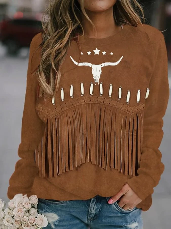 Women's Western Tassel & Bull Skull Art Print T-Shirt