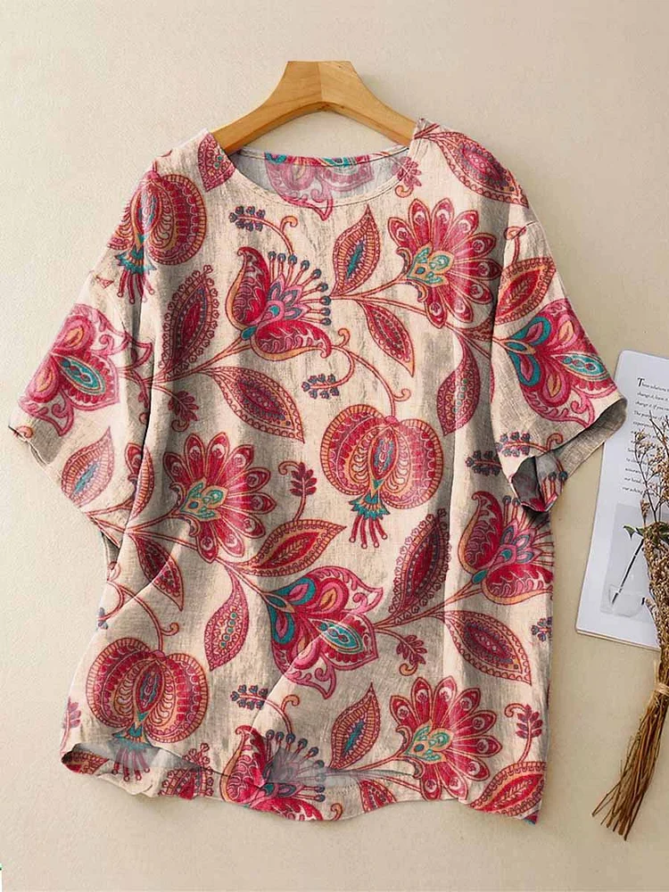Women's Floral Pattern Art Print Casual Linen Crew Neck Shirt
