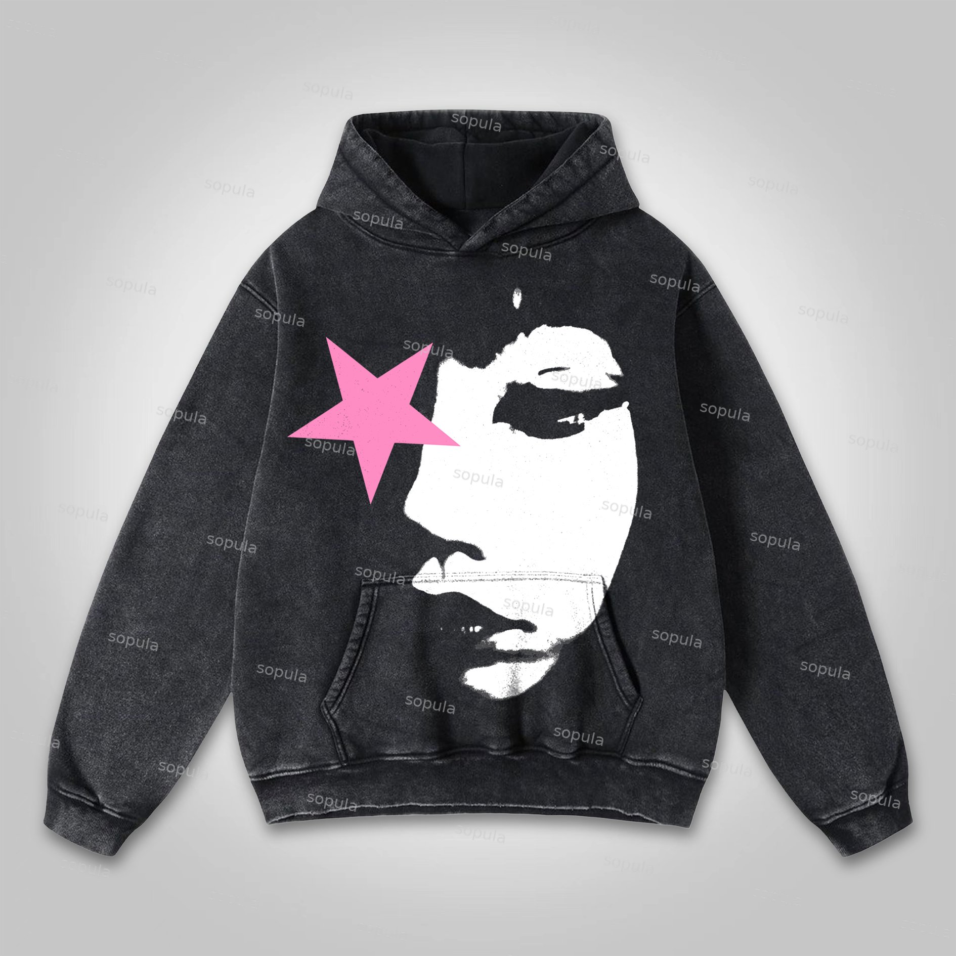 Sopula Vintage Abstract Girl Star Washed Distressed Hoodie