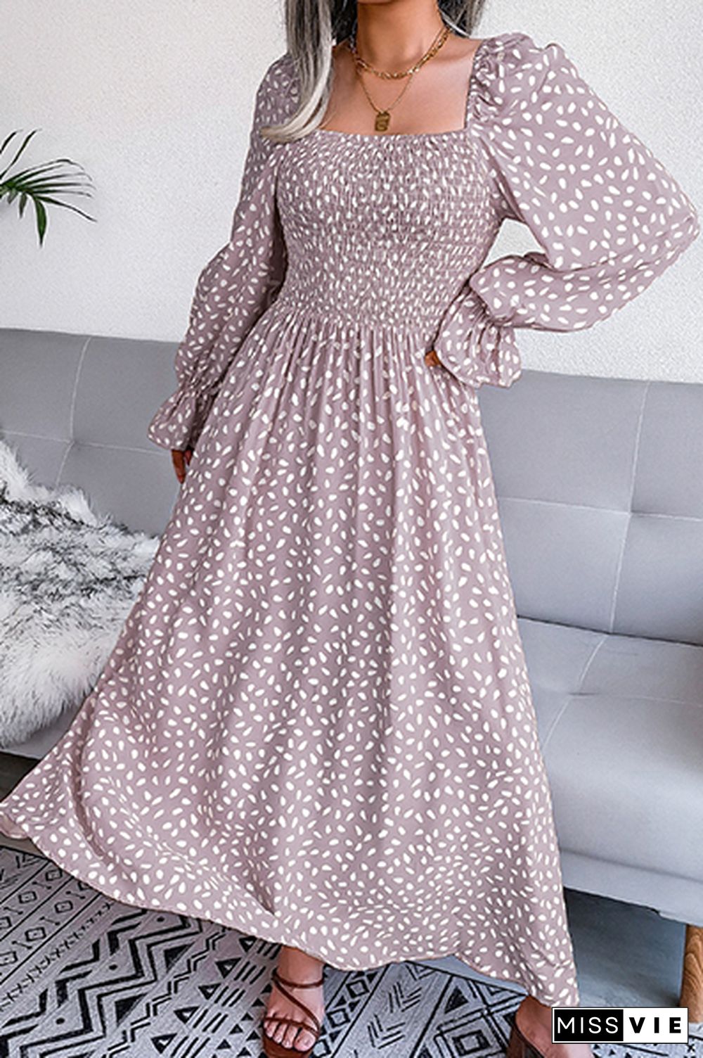 Elegant Print Flounce Fold Square Collar Dresses