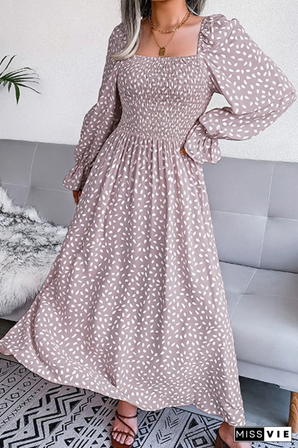 Elegant Print Flounce Fold Square Collar Dresses