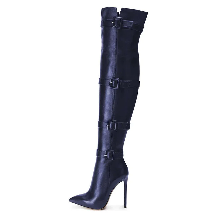 Navy Blue Thigh High Heel Boots Pointy Toe Stiletto Heel Long Boots |FSJ Shoes