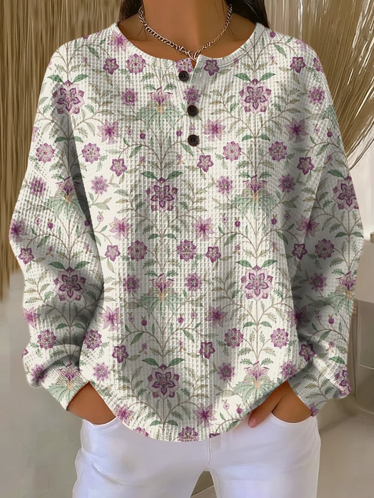 Women's Simple Retro Flowers FloralPattern Art Print Casual Cotton Shirt