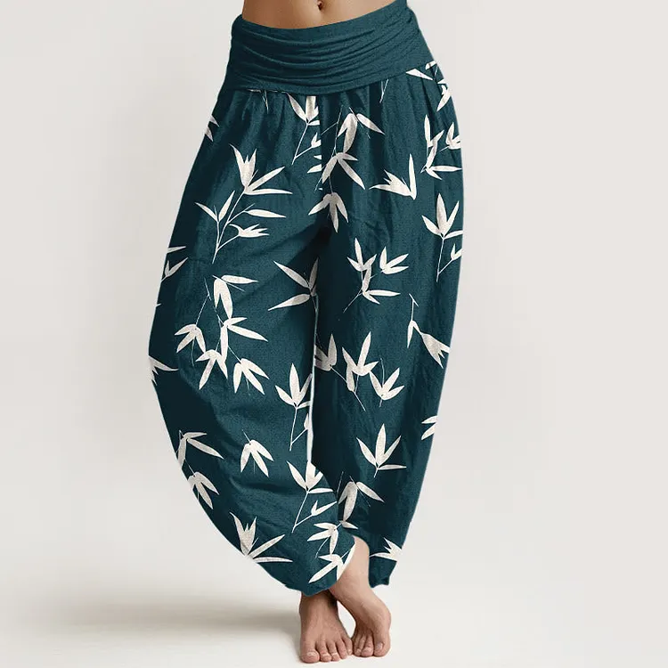 Cotton Simple Elegant Bamboo Leaf Pattern Women's Elastic Waist Harem Pants