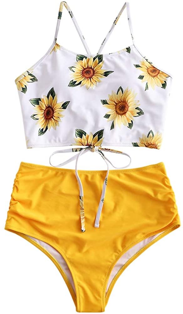 Women's Leaf Print Lace Up Ruched High Waisted Tankini Set Swimsuit