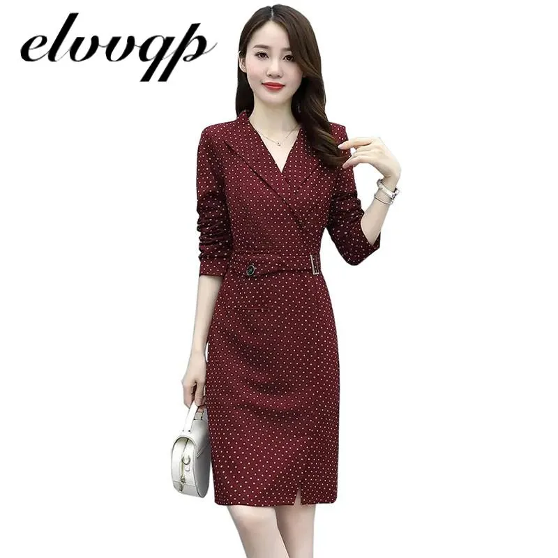 Plus Size 4XL Dress Women Elegant Fashion Office Lady Work Wear Stylish Party Dot Print Belt Midi Notched Bodycon Formal Dress