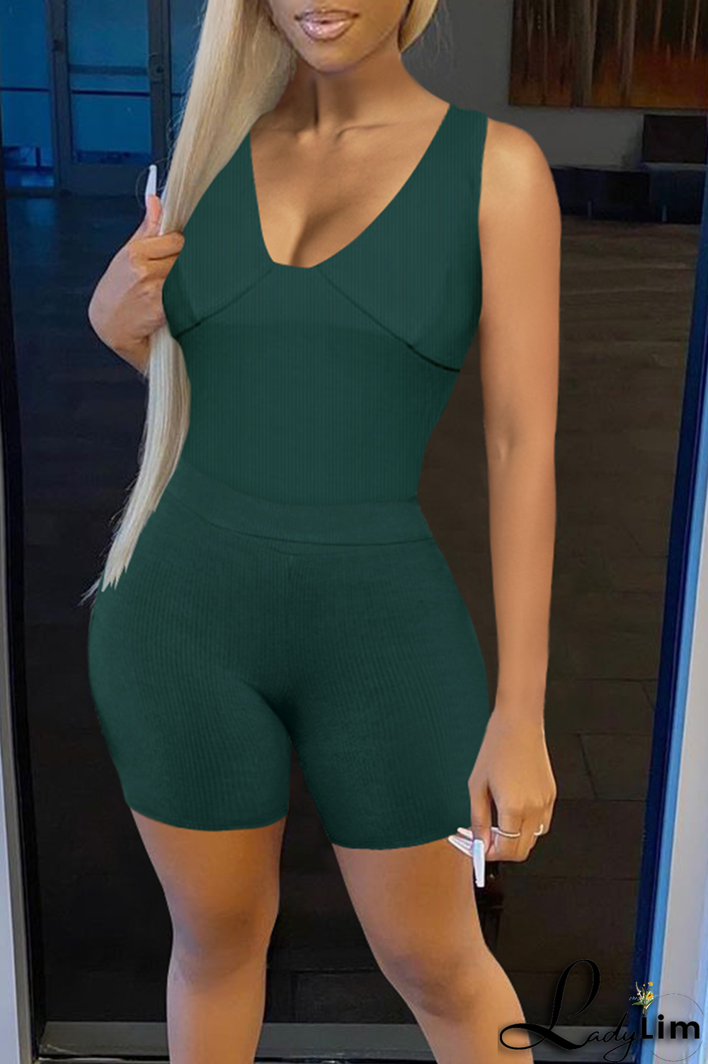 Army Green Fashion Solid Split Joint U Neck Sleeveless Two Pieces