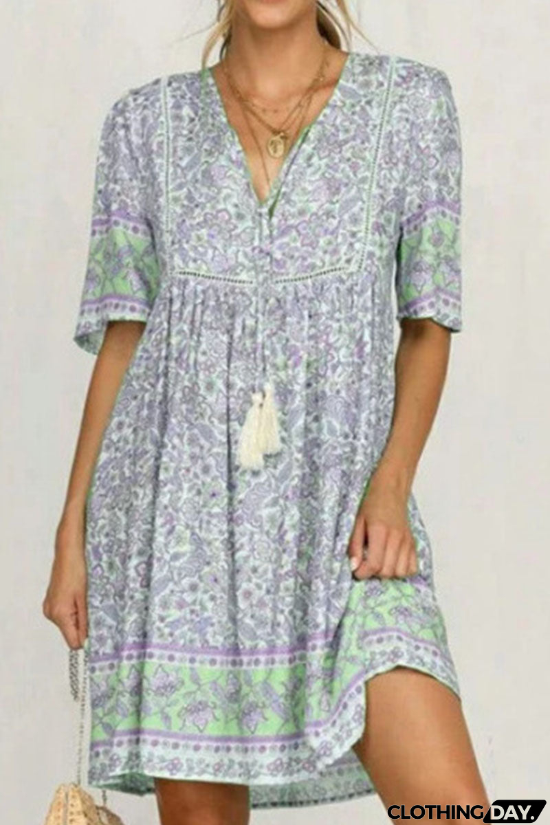 Fashion Sweet Print Patchwork V Neck Princess Dresses