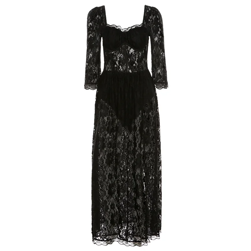 Ueong Summer New Women's Perspective Lace Square Collar Nine Minutes Sleeve Sexy Slit Slim Dress Woman