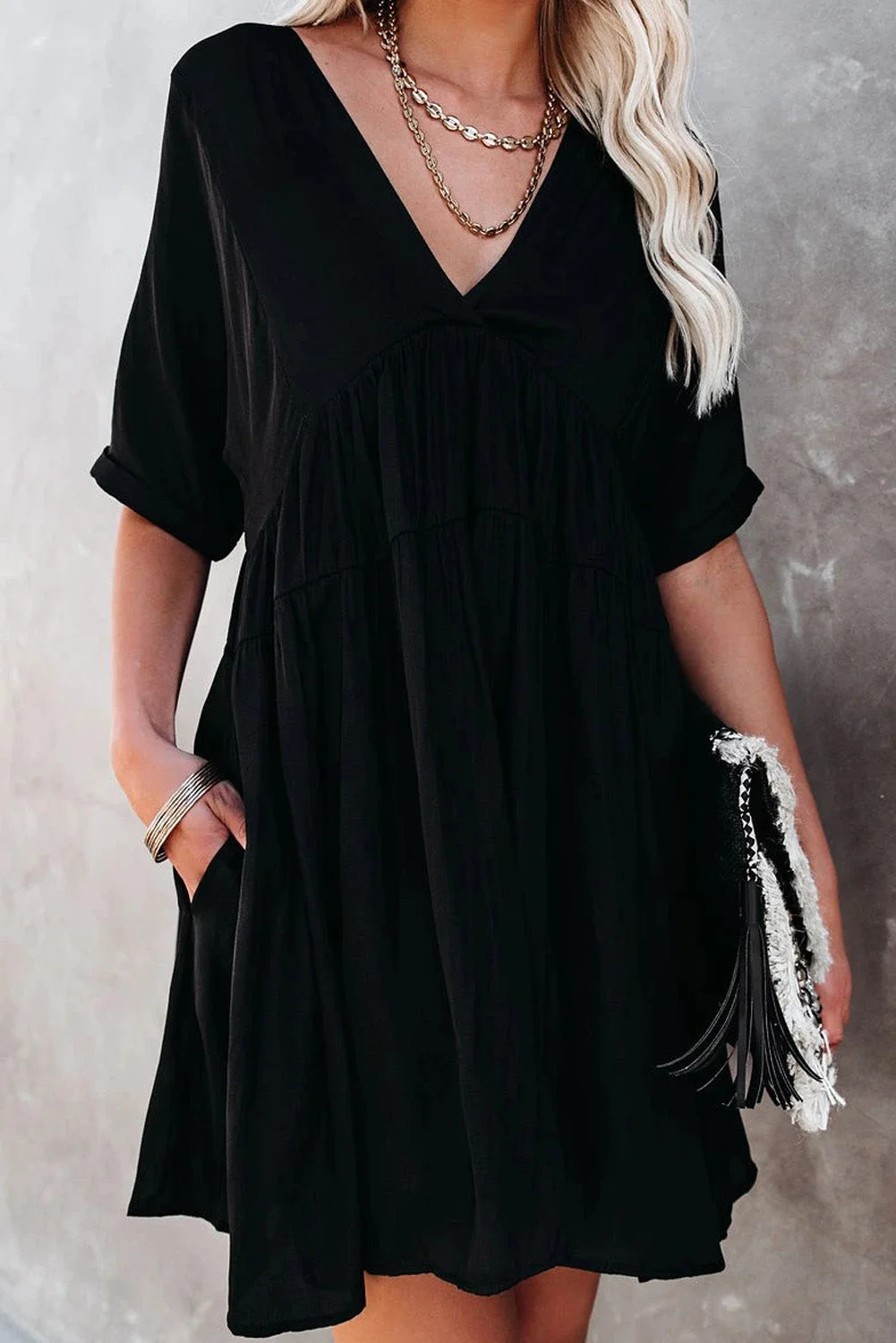 Buzzdaisy Kimono Sleeve V-neck Babydoll Tiered Mini Dress