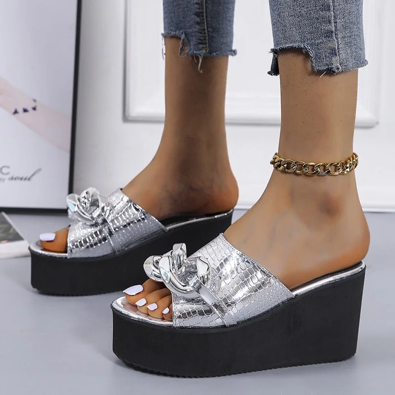 Best Sale Top Cowhide Platform Summer Shoes Women Sandals Slippers 2021 Fish Head Wedges Sandals High Heels Shoes Summer Sandals